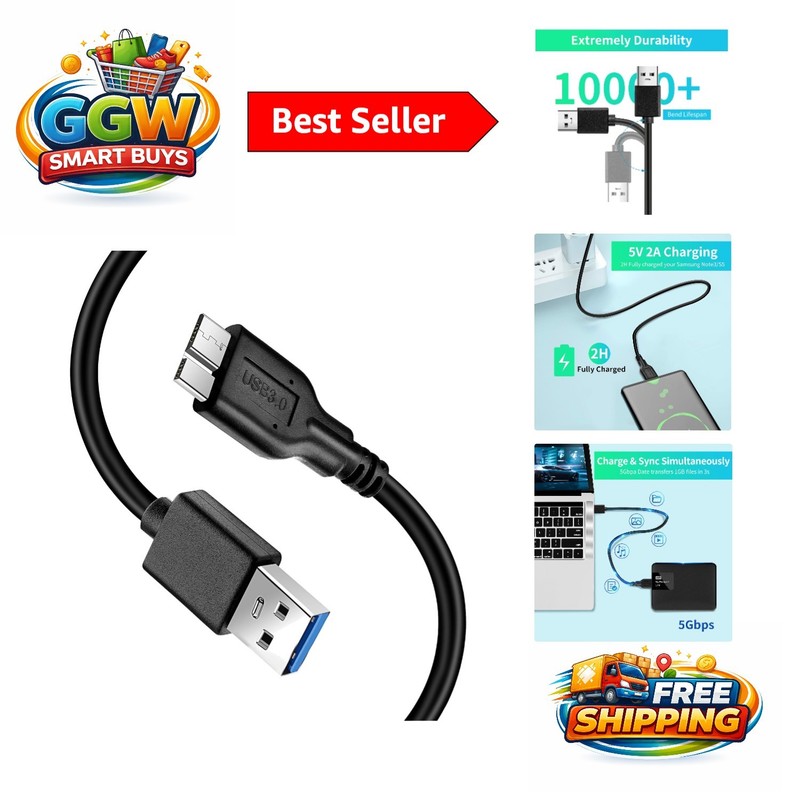 1FT USB 3.0 A Male to Micro B Cable – Fast Charging & High-Speed Data Transfer