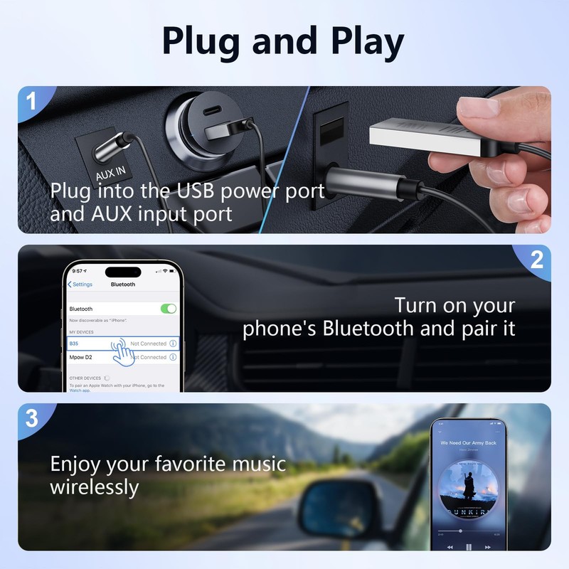 Aux Bluetooth 6.0 Car Adapter, 3.5mm Bluetooth Receiver for Car Audio Home St... gallery