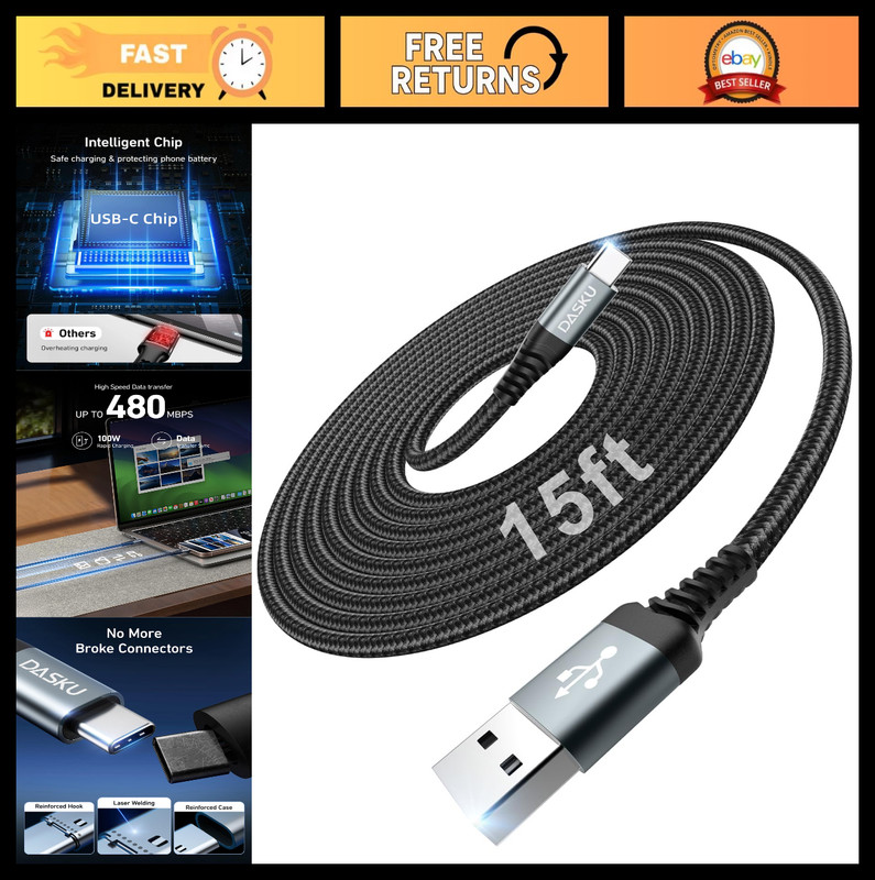 15FT USB to USB C Cable, Extra Long 3A Fast Charging, Durable Nylon Braided Cord