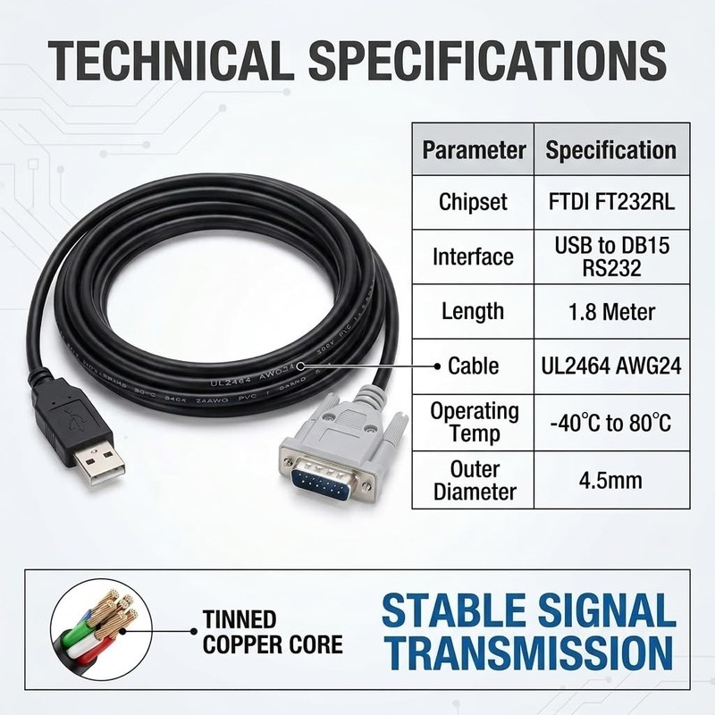 1.8m FT232RL USB to DB15 15Pin Male Serial Cable YOKOGAWA Servo Drives PC gallery