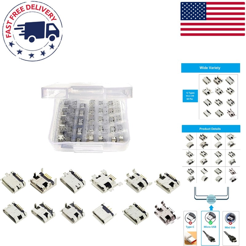 12 Types Micro USB Connector Kit – 60 Assorted Repair Adapters for Versatile Use