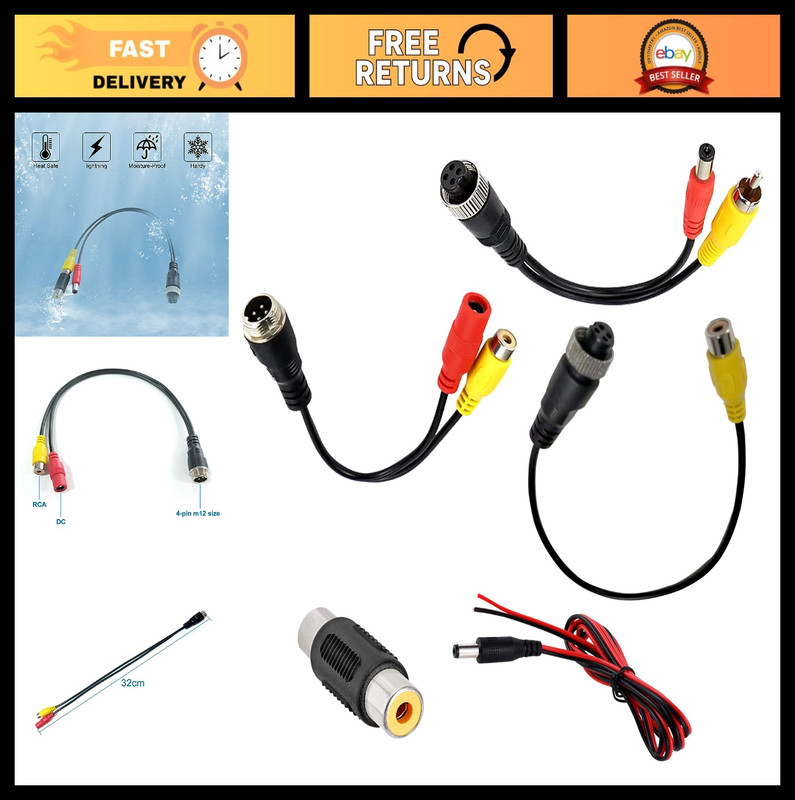 4-Pin to RCA Adapter, RCA Male/Female AV Connector + DC Power for Car Camera