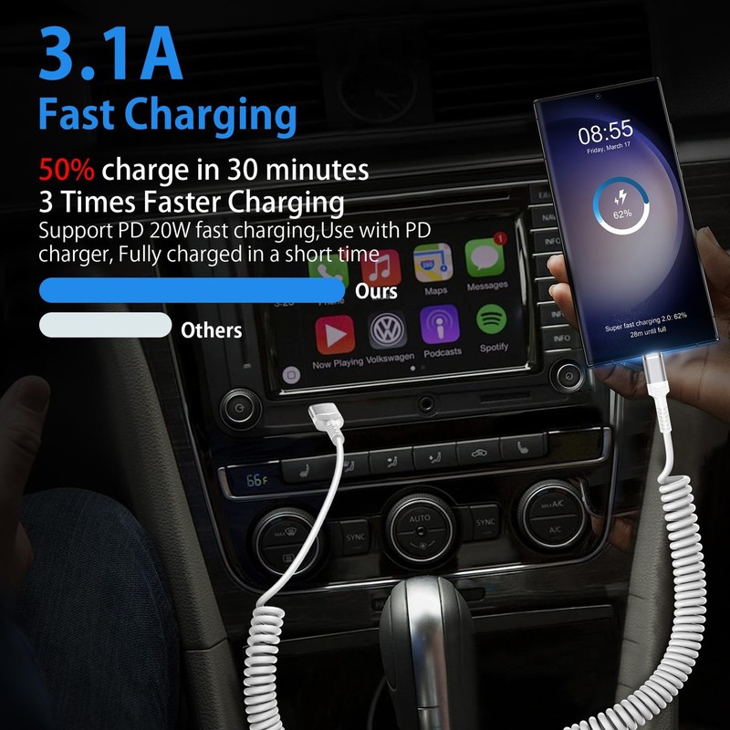 3ft Coiled USB-C Fast Charging Cable for iPhone 17/16/15 & Android Auto gallery