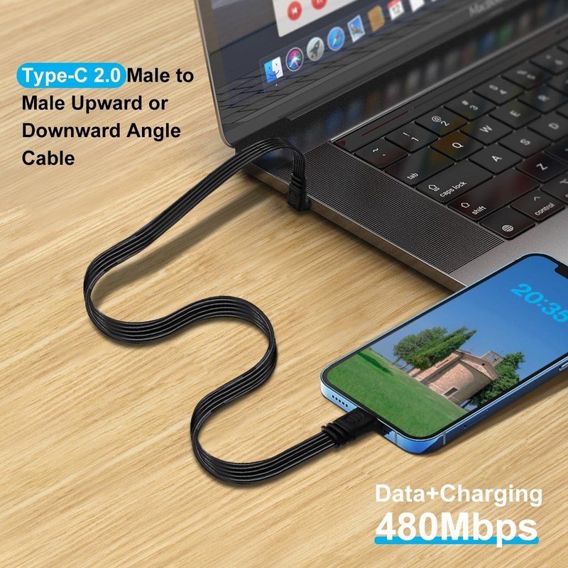 1 PC Flat 90 Degree USB C Charger Cable Up Down Bend 100W 480Mbps Data 30cm gallery