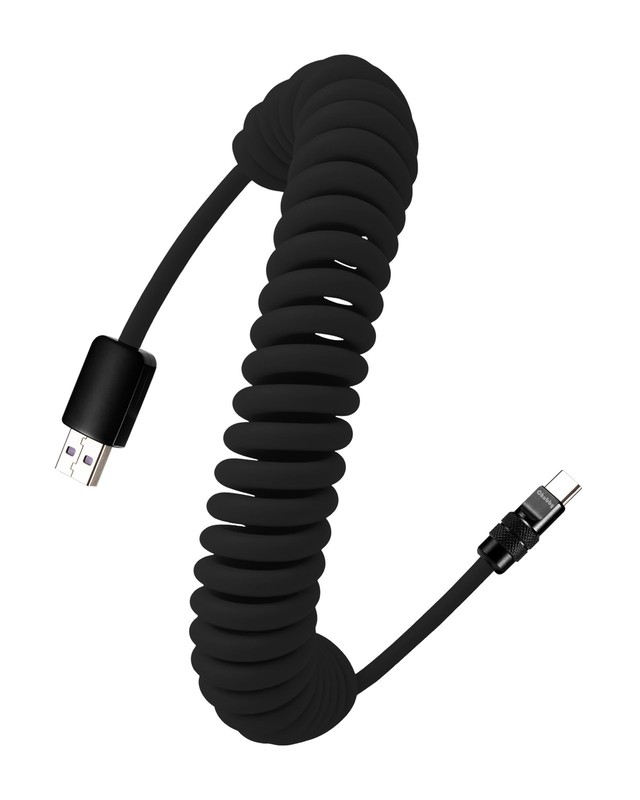 chubbycable Curly Chubby 120W Silicone Coiled USB C 6ft, All Black-1 Pack