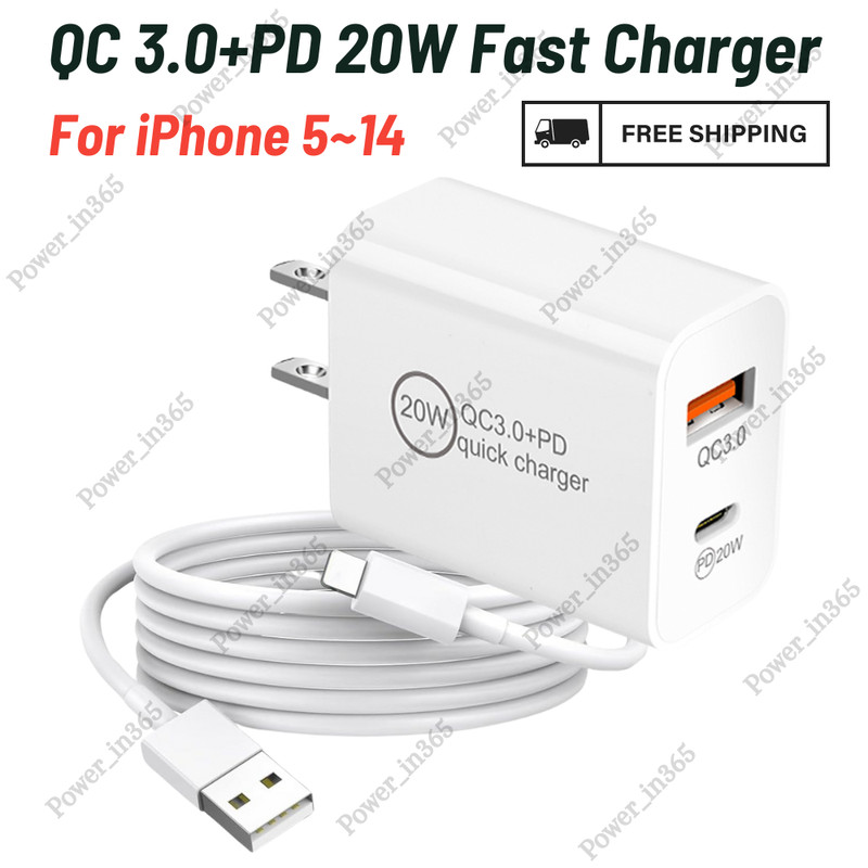 For iPhone 14 13 12 X 8 7 6 20W PD QC Fast Wall Charger Power Adapter USB Cable