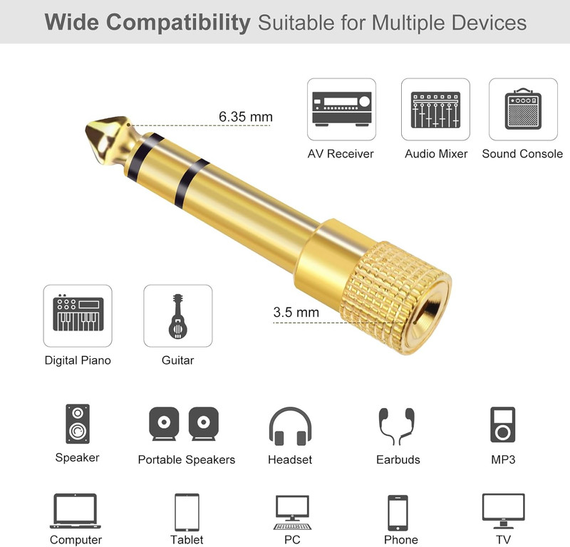 Paquete de 5 adaptadores de 3,5 mm a 1/4", chapados en oro gallery