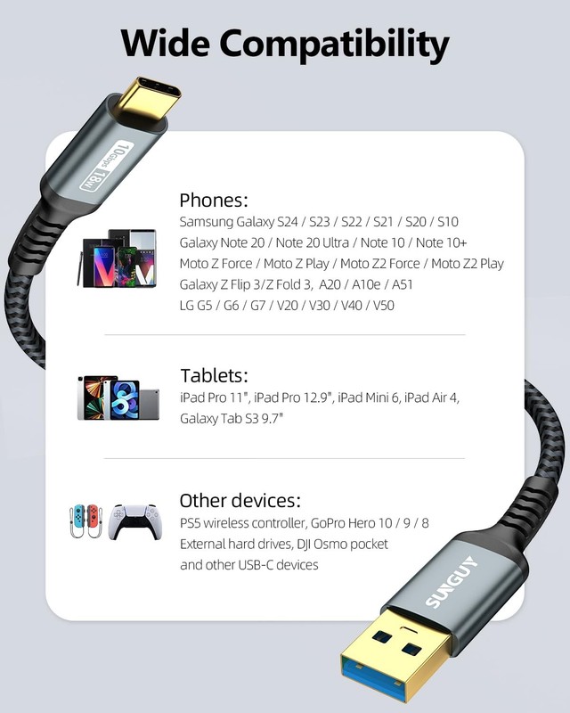SUNGUY 10Gbps Android Auto USB C Cable, 1.5FT 3A 3.1 Gen 2 1.5ft, Grey gallery