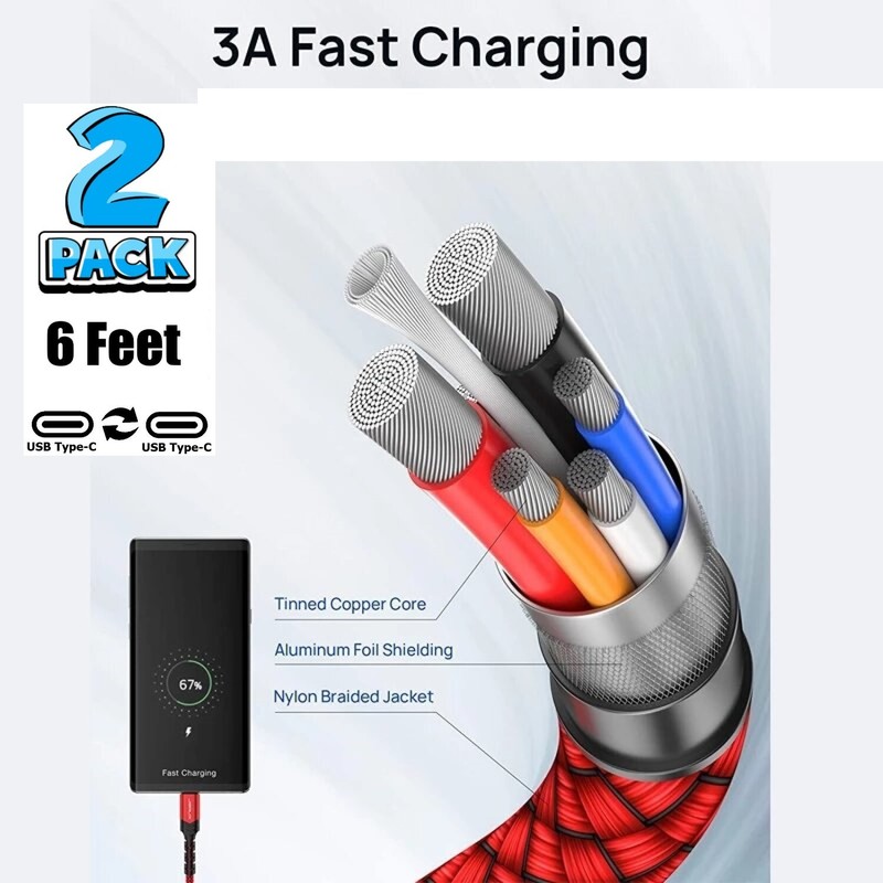 2 Pack 6ft USB C Fast Charger Cable PD Cord USB For iPhone 15 16 17 Galaxy S8 S9 gallery