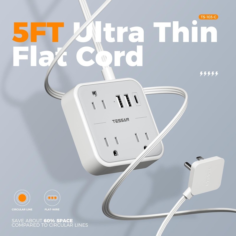 Ultra Thin Flat Extension Cord 5 FT, TESSAN Slim Power Strip with USB Ports (... gallery