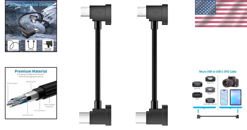 2-Pack Micro USB to USB C OTG Cable - 90 Degree Design for Drone Controllers gallery
