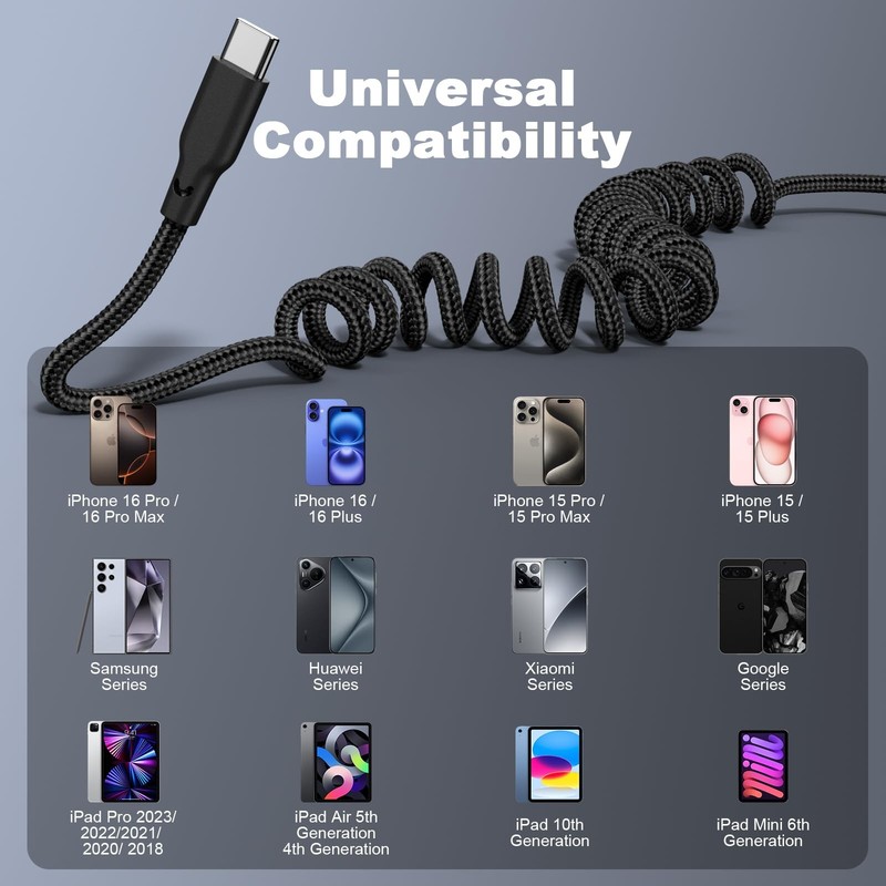 Coiled Car Carplay Charger Fast Charging，[2-Pack, 3Ft] Retractable Braid USB ... gallery
