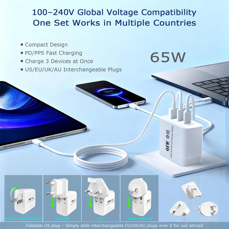 65W GaN PD/PPS USB-C Travel Wall Charger, Interchangeable US/EU/UK/AU Detacha... gallery