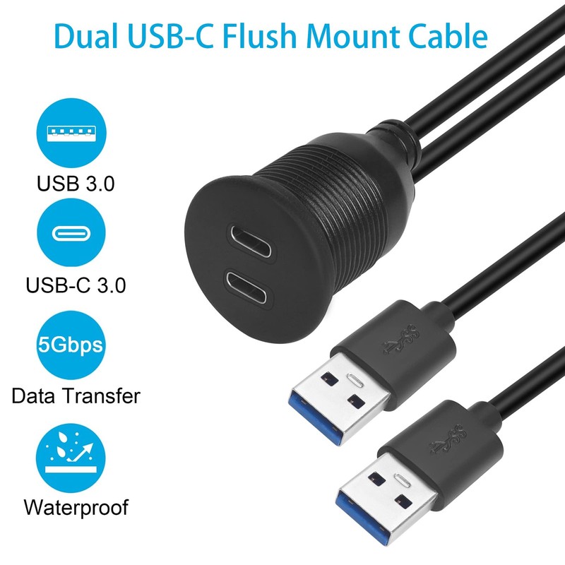 1m Dual Port 2x USB 3.0 M to 2x USB C F Flush Mount Cable, Waterproof, Threaded gallery