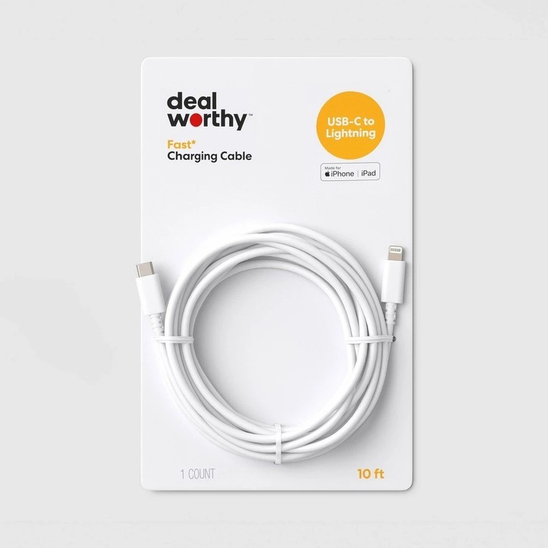 10ft USB-C to MFI CERTIFIED Lightning Cable – Dealworthy White