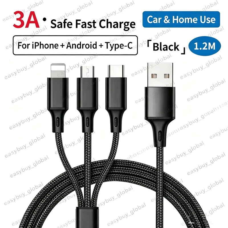 Braided 3-in-1 Multi Fast Charging Cable For iPhone Type-C Android Charger Cable