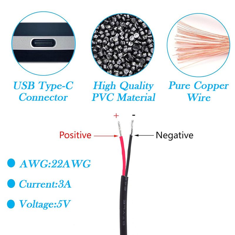 20pcs 1M/3.3FT Right Angle USB Type C Male Plug 2 wire Pigtail DIY Cable 22AWG gallery