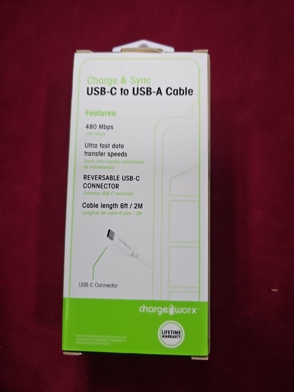 Charge Worx Charge & Sync USB-C to USB-A 480 Mbps 6 Ft Cable White NEW IN BOX gallery