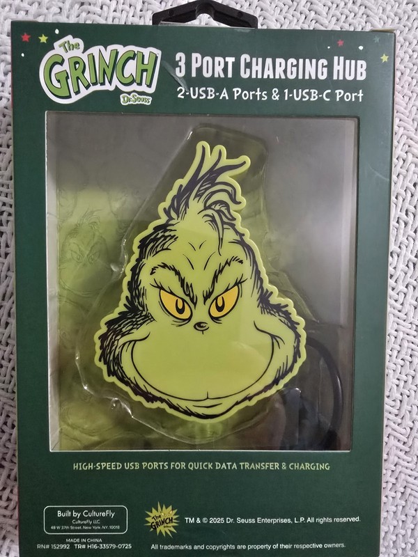 The Grinch 3 Port Charging Hub USB & USB-C Christmas Tech Accessory New