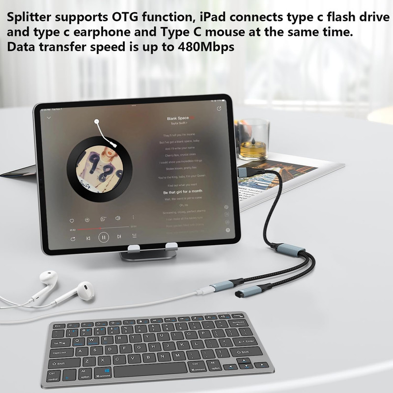 USB C Splitter & Headphone Adapter - 2 C Ports, OTG Compatible with Black gallery