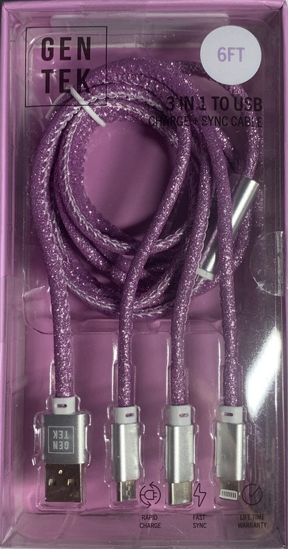 3 In 1 To USB , Quick Charge & Sync Cable, Rare Fancy Metallic Finish, 6 FT gallery
