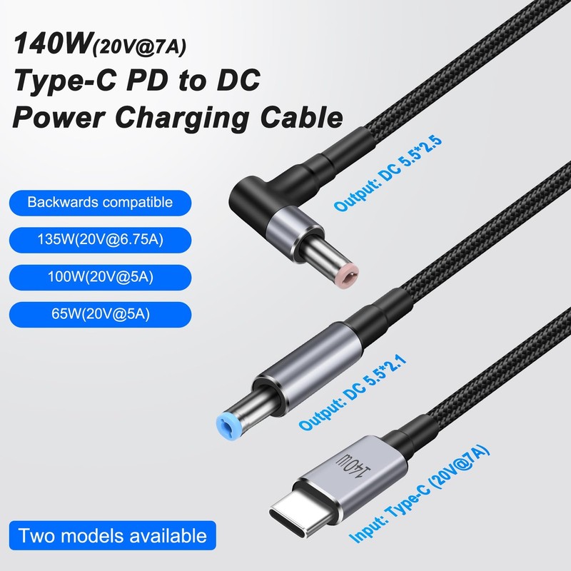 USB C To DC 5.5mm x 2.1mm Power Cable Quick Charging PD 140W 7A 1.8M Cord gallery