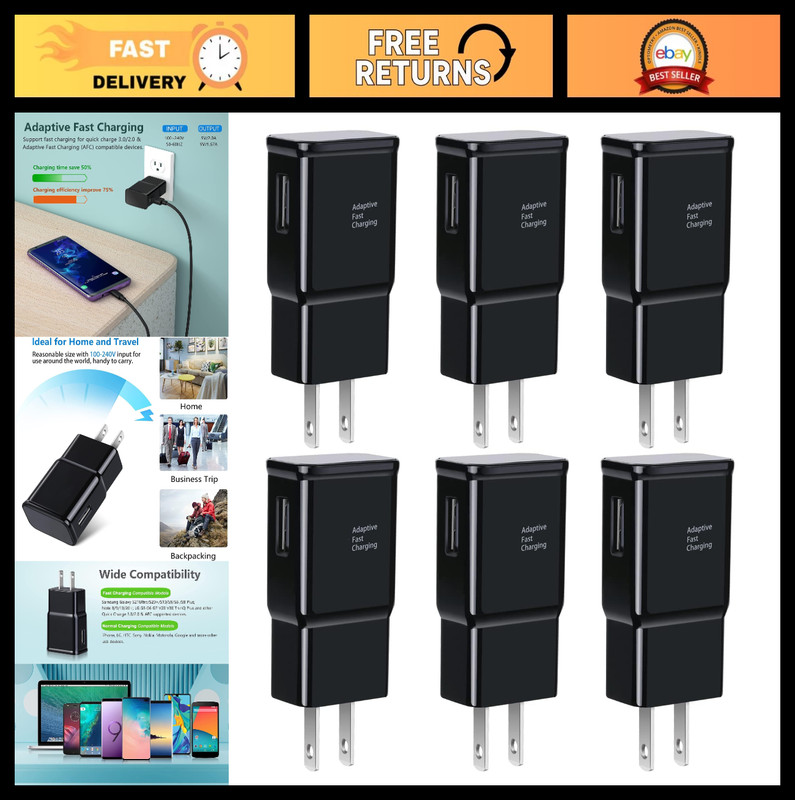 6-Pack Fast USB Wall Charger Block for Android & iPhone, Rapid Charging Compatib