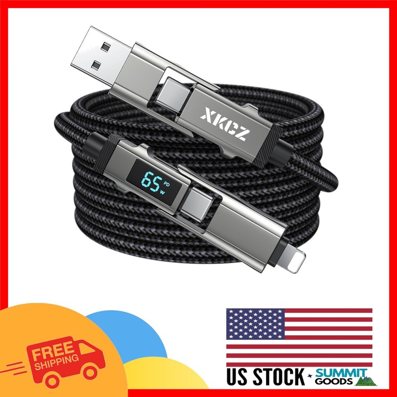 4-in-1 USB C Cable - 65W Fast Charging & Data Sync with Wattage Display, 3FT