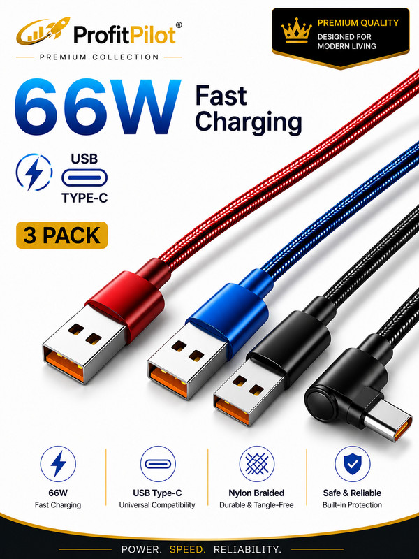66W USB C Fast Charging Cable 3 Pack 90° Right Angle Braided Type-C Cord gallery