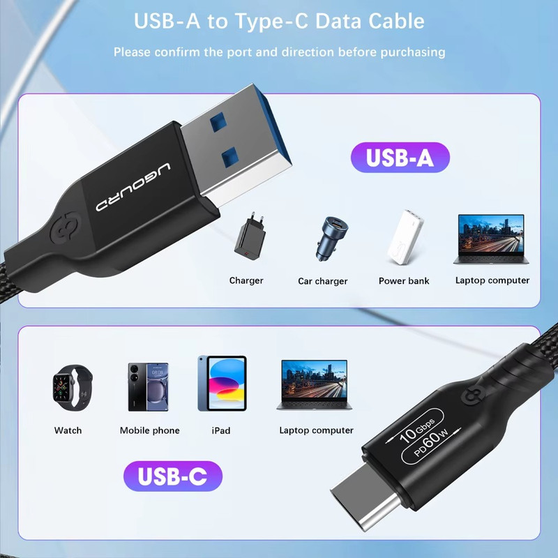 USB-A To USB-C Cable USB3.2 60W Fast Charging Cord 10Gbps For iPhone Samsung gallery