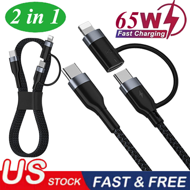 1-2 PCS USB Type C PD 60W/20W 2 in-1 Cable Data Fast Charger For Samsung iPhone gallery