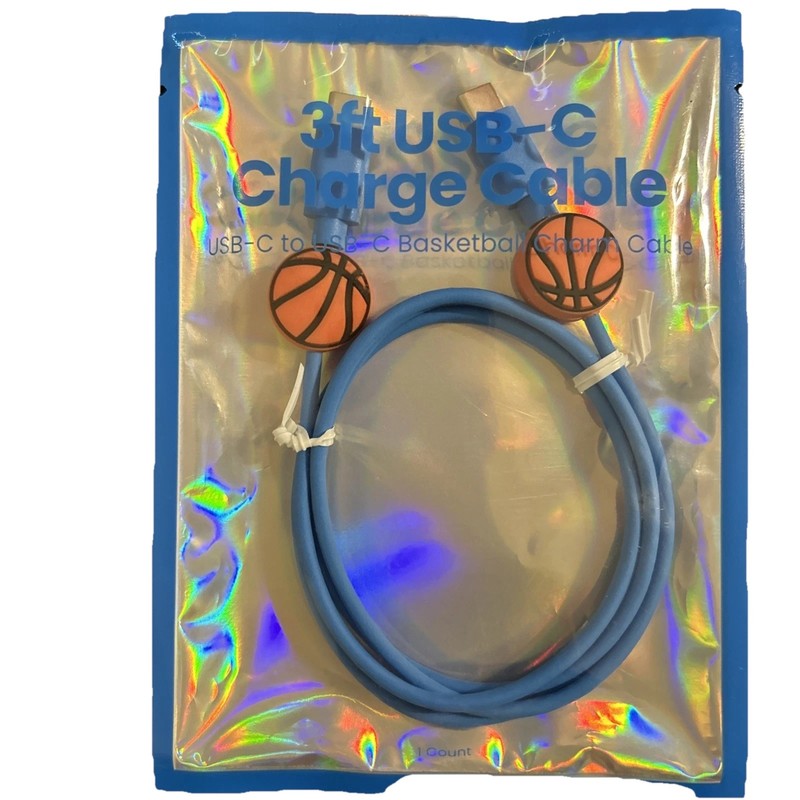 USB C to USB-C 3 ft Charging Cable, Blue, basketball charms (Male 2 Male)
