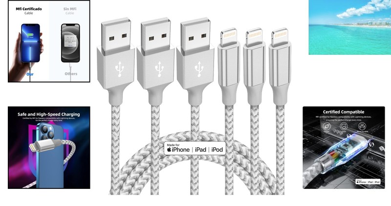iPhone Charger 3 Pack 10 ft Apple MFi Certified Lightning Nylon Braided Cable... gallery