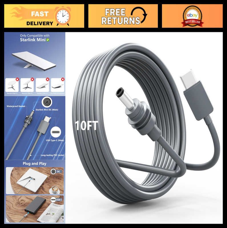 10FT USB C to DC Power Cable for Starlink Mini, 100W PD Charger, Waterproof Cord