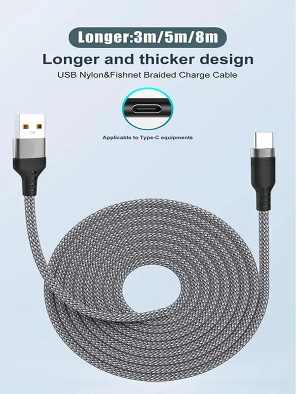 1m 1.5m 2m 3m 5m 8m 6A USB TYPE C Fast Charge Cable Braided Extended Data Transm gallery