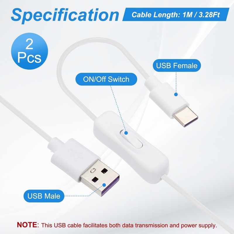 2 Pcs 1M USB Male to Type-C Male Extension Cord with Switch with Tape, White gallery