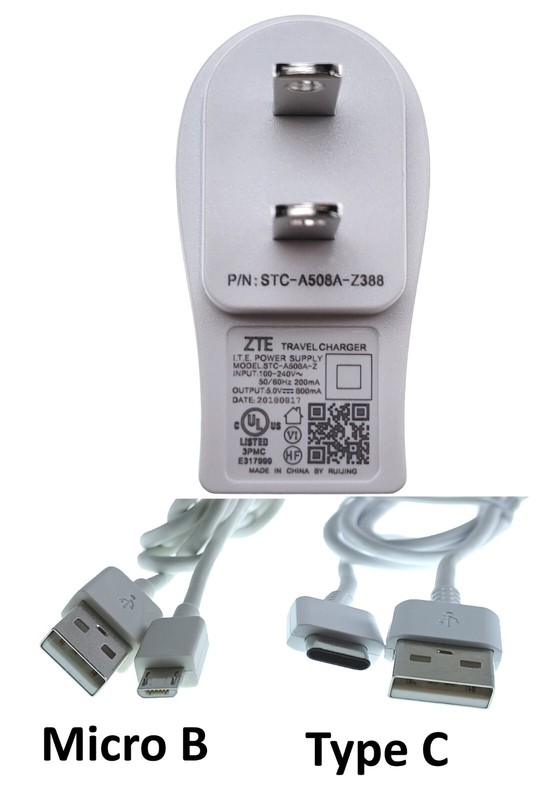 OEM ZTE Travel Charger STC-A508A-Z388 5V 800mA +2 USB Cables (Type-C & Micro B)