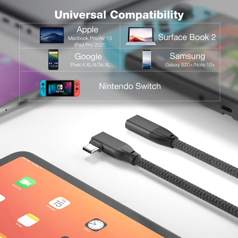 JavicTech USB C Extension Cable Right Angle 0.3M/1FT, 90 Degree 1ft, Black gallery