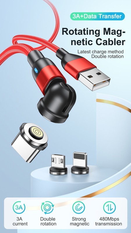 3-in-1 180°+360° Magnetic Charger Cable For Apple Micro USB Type-C Samsung LG gallery