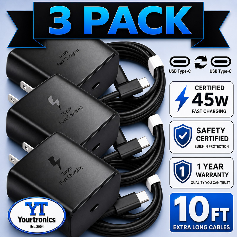 3 PACK 45w USB-C Fast Wall Charger+10ft Cable For Samsung Galaxy A14 A15 A16 A17