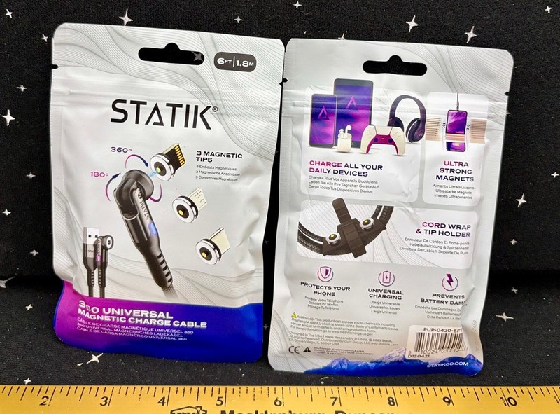 2 Statik 360 Universal Magnetic Charge Cable W/3 Magnetic Tips 6 Ft. New Sealed gallery