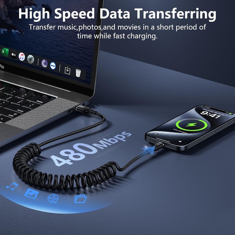 3FT Coiled USB-A to C Charging Cable for iPhone 15 & 16 Car Use gallery