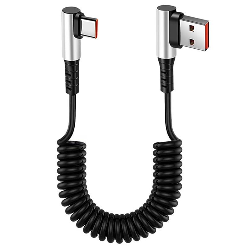 1 PC Right Angle Coiled USB To Type C Cable 90 Degree Retractable 6A 4.9FT