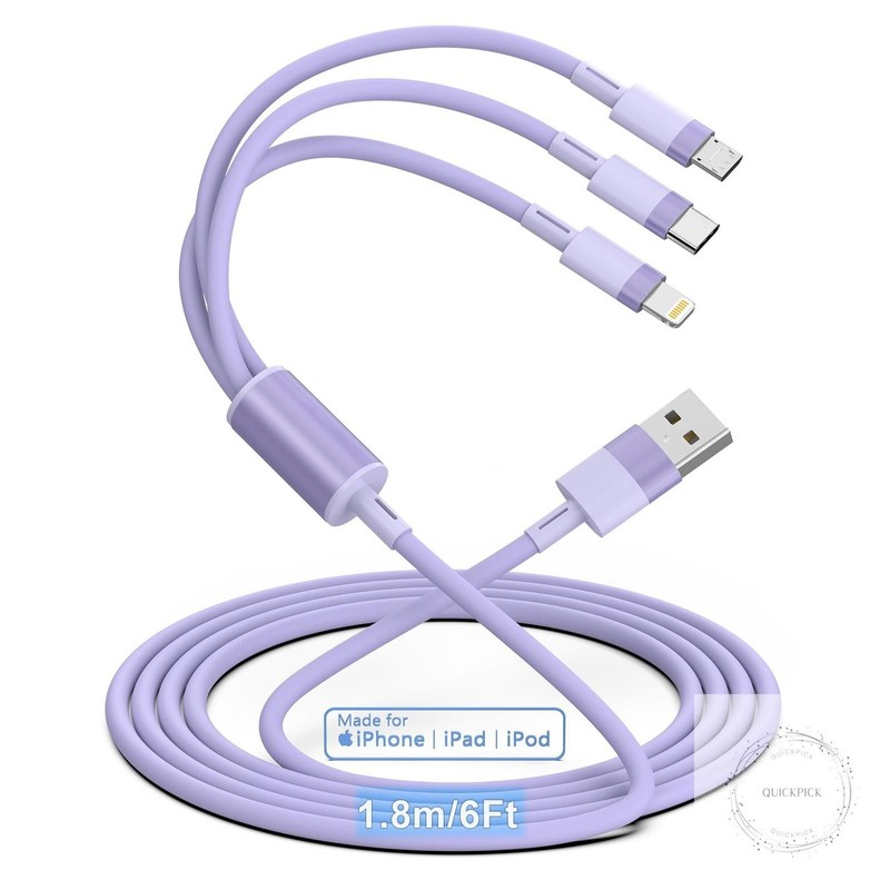 3-in-1 Multi USB Charging Cable 6ft/1.8m Mfi Certified Fast Charger Adapter Cord gallery