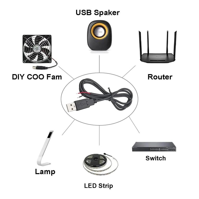 5Pcs 3.2Ft 22AWG USB 2.0 2Pin Pigtail Cable, 3A 5V USB A 2 Core Bare Wire Ope... gallery