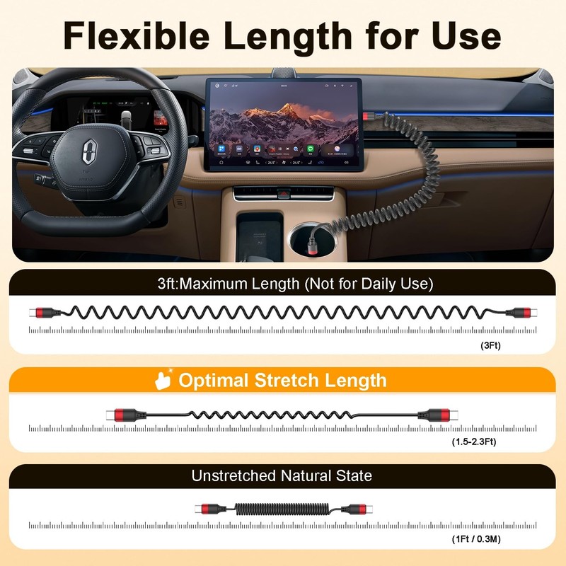 Coiled USB C to USB C Cable, 2 Pack Retractable Type C Carplay Cord, Coiled U... gallery
