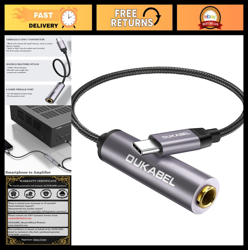 USB Type C to 1/4″ Headphone Adapter, 6.35mm Stereo Jack for Laptop, Smartphone,