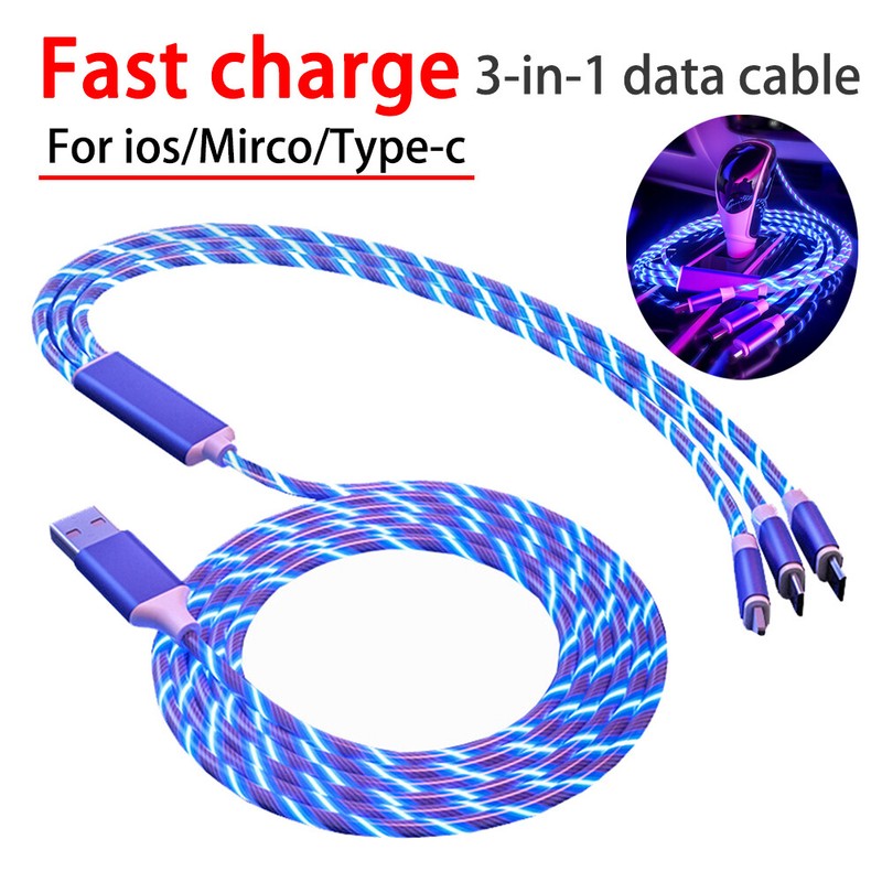 3PCS Blue 3 in 1 LED Light Up Charging Charger Cable For iPhone Micro USB Type C gallery