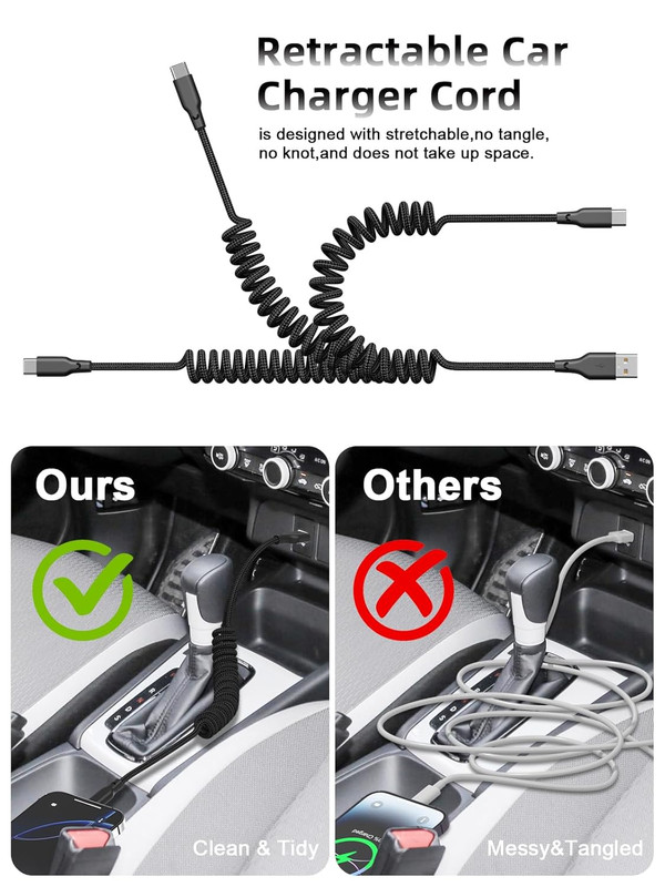Quickeep Car Carplay Cable 2Pack 3Ft Coiled USB a to USB C Fast Charge Cord for gallery