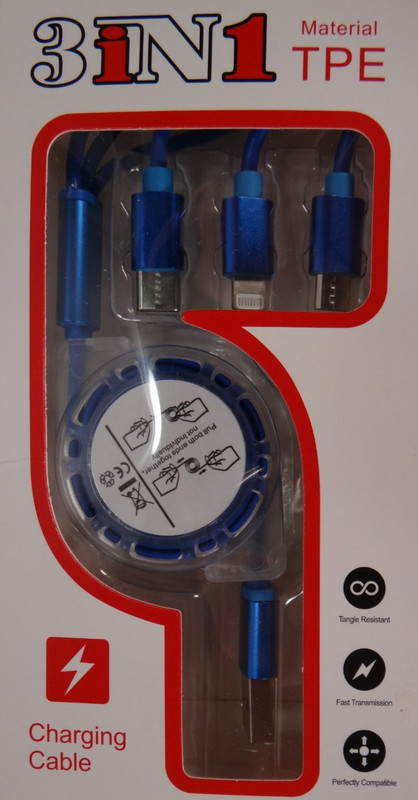 3in1 Fast Charging Cable Micro Type C Syncronizing Recharging Phone Blue